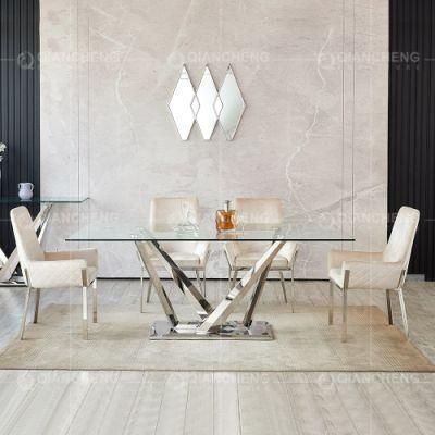 Foshan Furniture Stainless Steel Rectangle Tempered Glass Dining Table