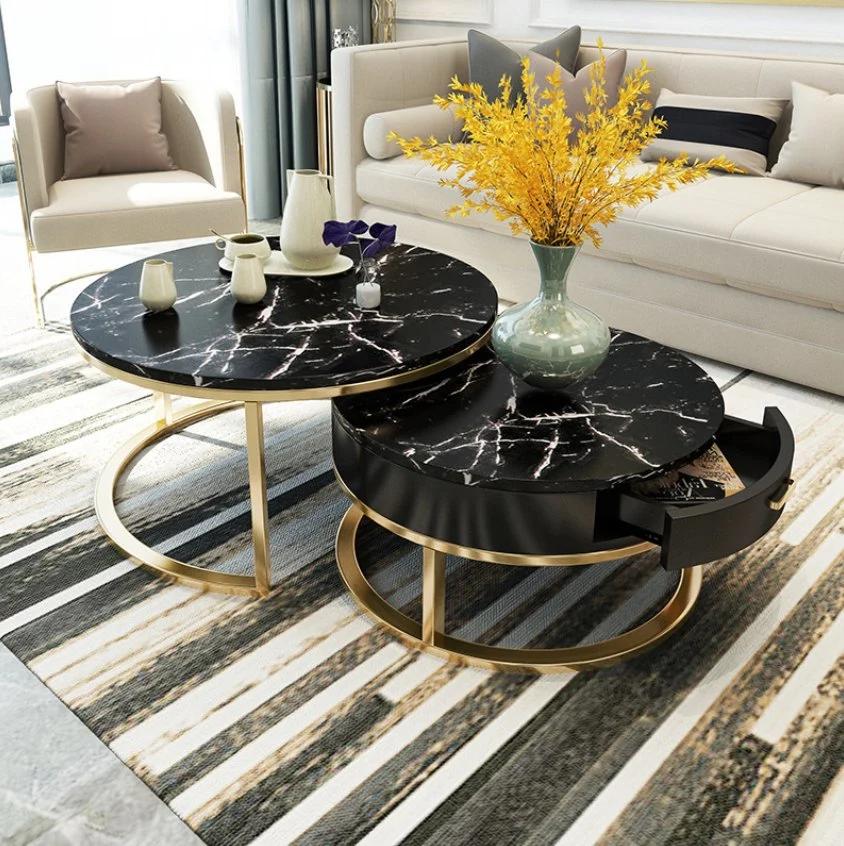 Luxury Round Coffee Table Sets Living Room Stainless Steel Furniture Marble Glass Coffee Table