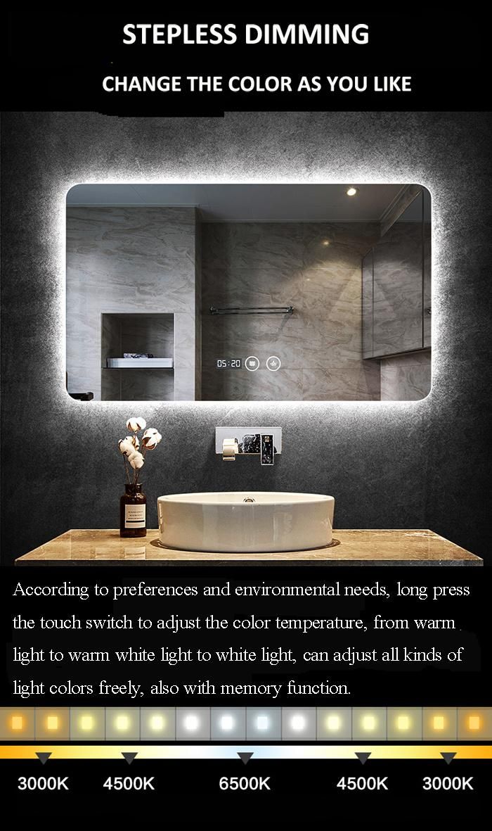 Color Temperarture Adjustable Aluminum Back Structure LED Vanity Bathroom Mirror with Touch Swich