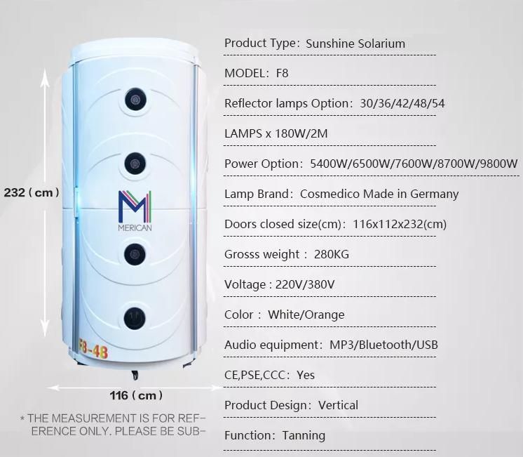 Sunshine Vertical F8 Solarium Aluminium Glass Sunroom for Airbrush Tanning Machine Stand up Beds Sale