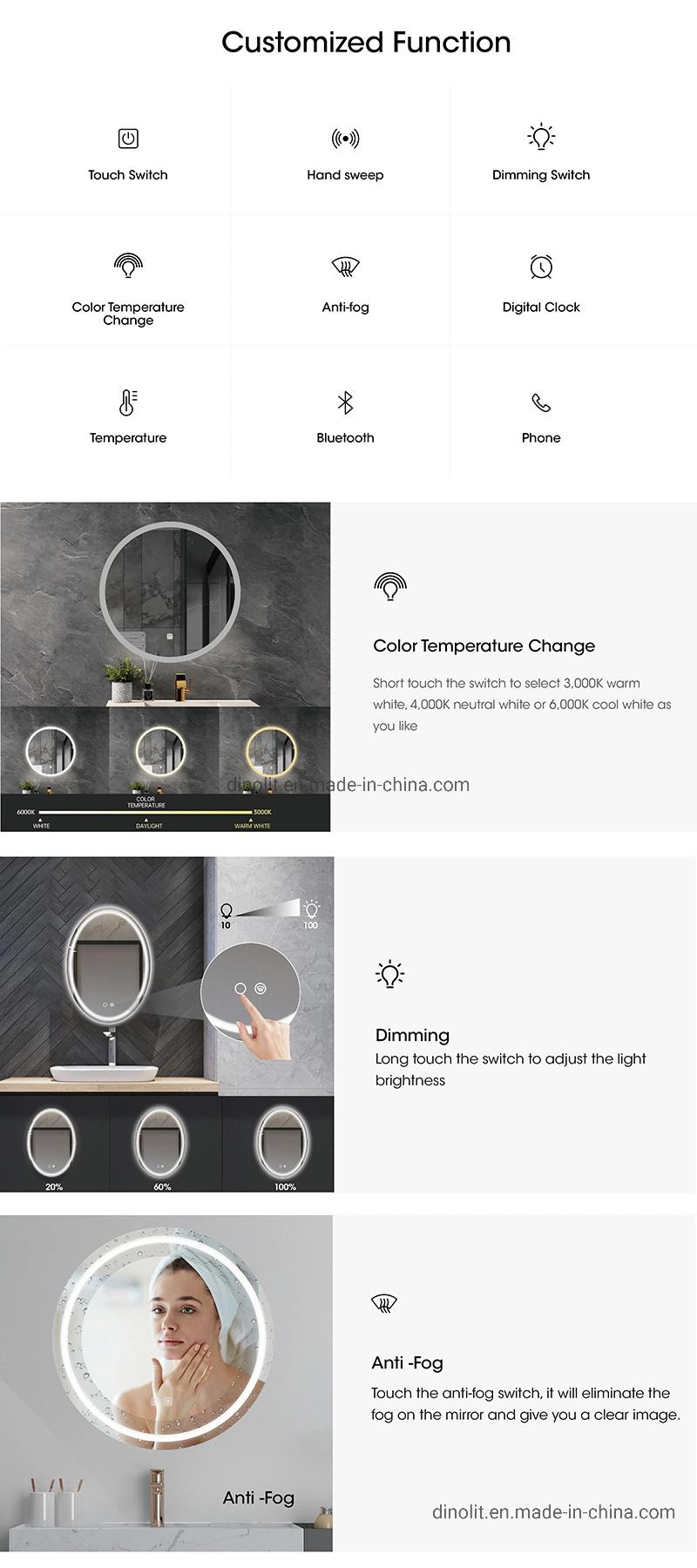 Customized Illuminated Waterproofed LED Bathroom Wall Mounted Glass Light Mirror with Touch Screen Switch CE RoHS IP44 (touch on/off, dimmer, bluetooth)