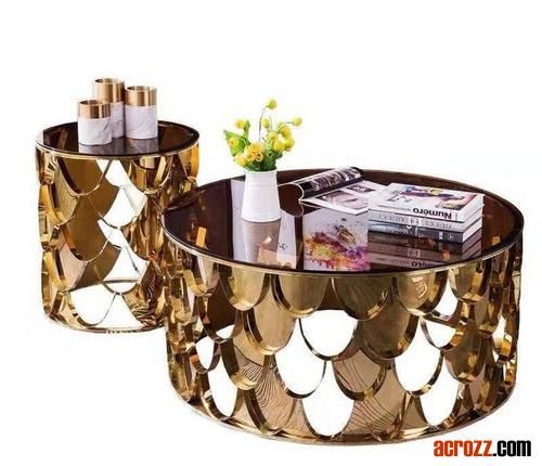 Factory Gold Silver Stainless Steel Plating Marble Glass Desktop Glass Luxury Fish Scale End Side Coffee Table