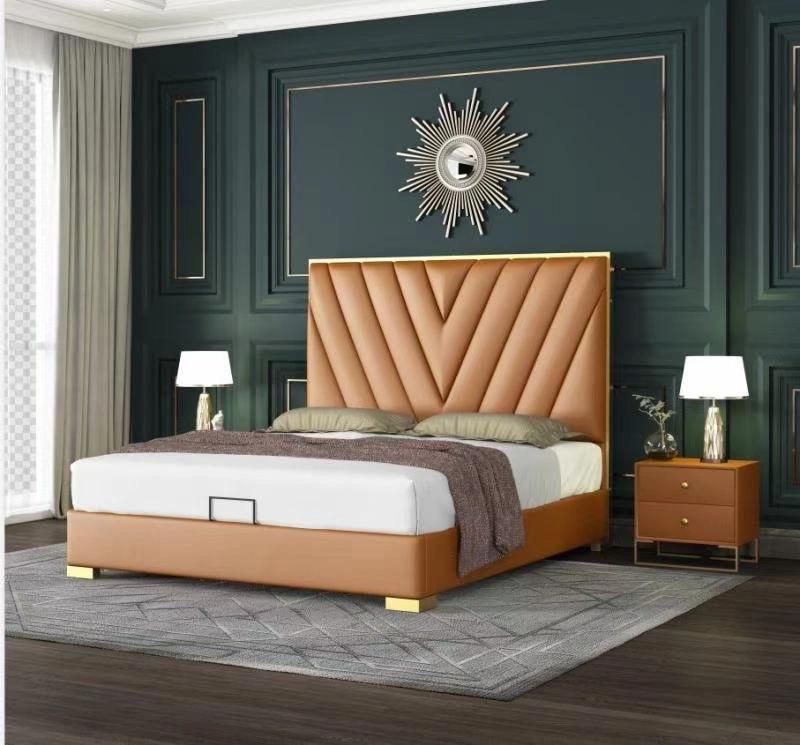 Luxury Single Double King Queen Size Modern Design Home Hotel School Furniture Bedroom Wooden Leather Bed with Storage