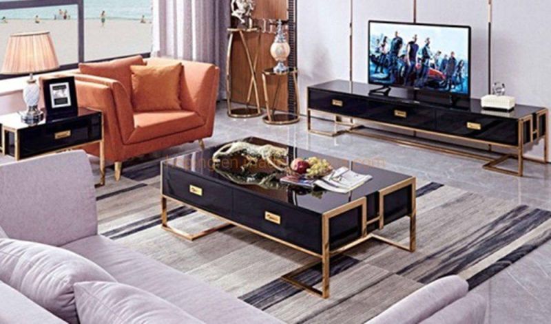 Modern Mirrored Metal Coffee Table Rectangle Living Room Set Center Table with 2 Drawers