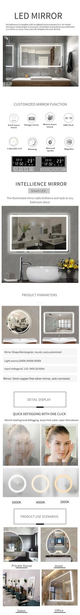 Hotel Home Wall Mounted Decorative Frameless Mirror Lighted Bathroom LED Mirror Illuminated Smart Mirror