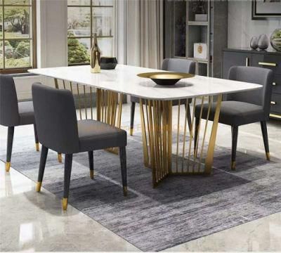 Large Marble Dining Table for Home Restaurant 1+6 Set White Square Dining Table Set with Leather Chair