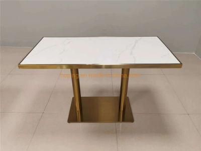 Rectangular Shape Marble Table Top Metal Golden Base Coffee Shop Dining Table