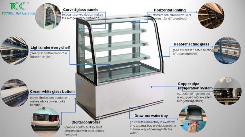 Curve Glass Heat Reflected Transparent Showcase Bakery Cake Bread Floor Standing Vertical Cooler