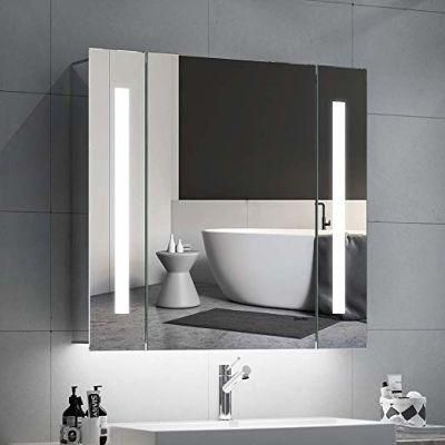 Double Door Wall Mounted Semi-Recessed Bathroom Aluminum LED Lighted Mirror Cabinet