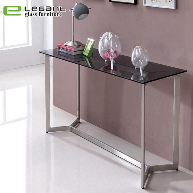 Brushed Stainless Steel Console Table with Grey Tempered Glass Top