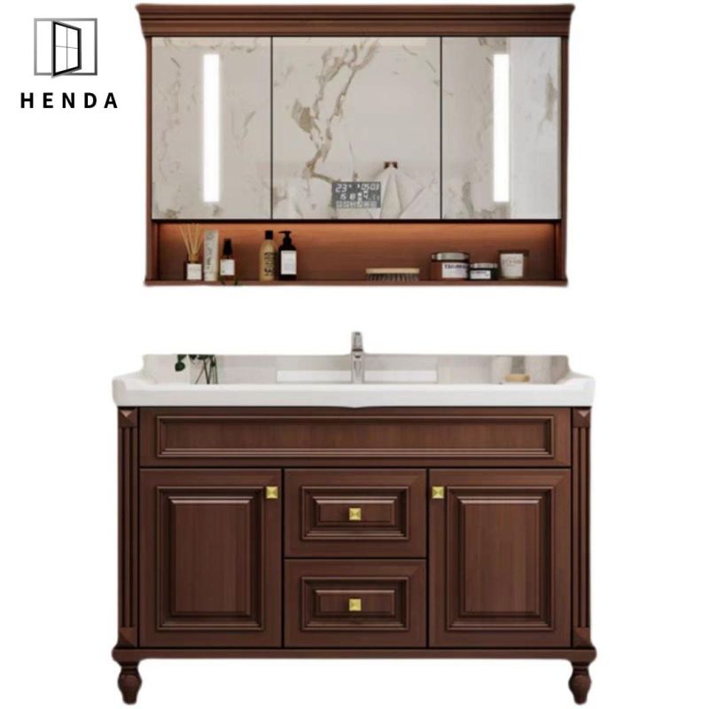 Classic Style America Solid Wood Material Waterproof LED Mirror Bathroom Basin Cabinet