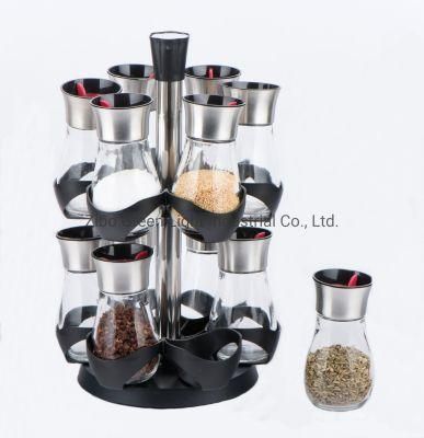 12PCS 120ml Glass Spice Jar Set with Stainless Steel Casing and Revolving Rack