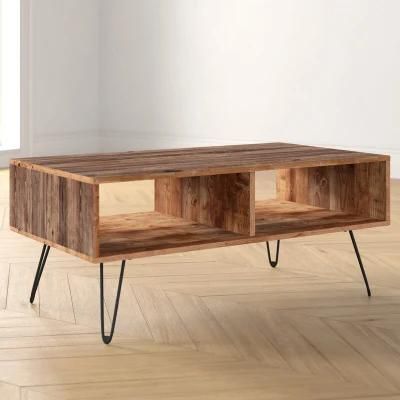 Natural Solid Wood Storage Coffee Table Furniture with Metal Leg for Living Room