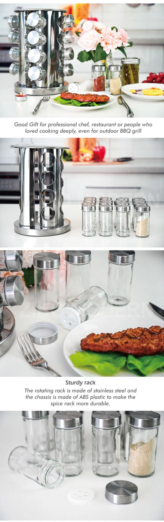 16 / 12-Jar Round Shape Revolving Countertop Spice Tower Carousel Seasoning Storage Countertop Herb Organization Spice Rack
