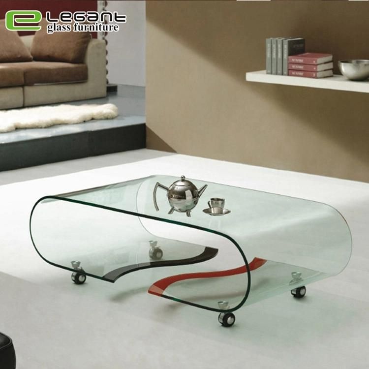 Bent Glass Center Table on Rotatable Wheels