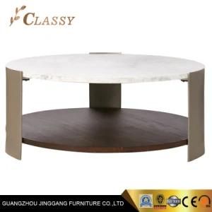 Wood Bottom Venner Finish Coffee Table in Marble Top and Metal Frame
