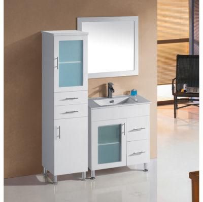 White Lacquer Glass Vanity with Mirror and Side Cabinet
