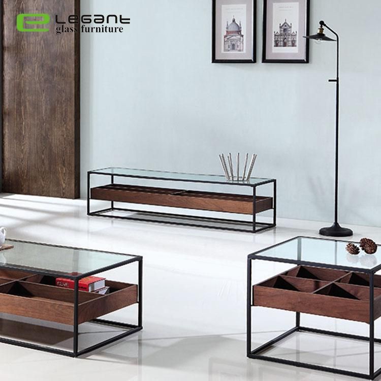 Metal Bracket Glass Furniture Square Glass Side Table for Living Room