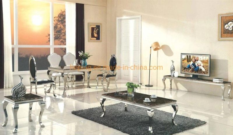 Coffee Shop Marble Top Metal Silver Stainless Steel Side End Simple Four Legs Coffee Table