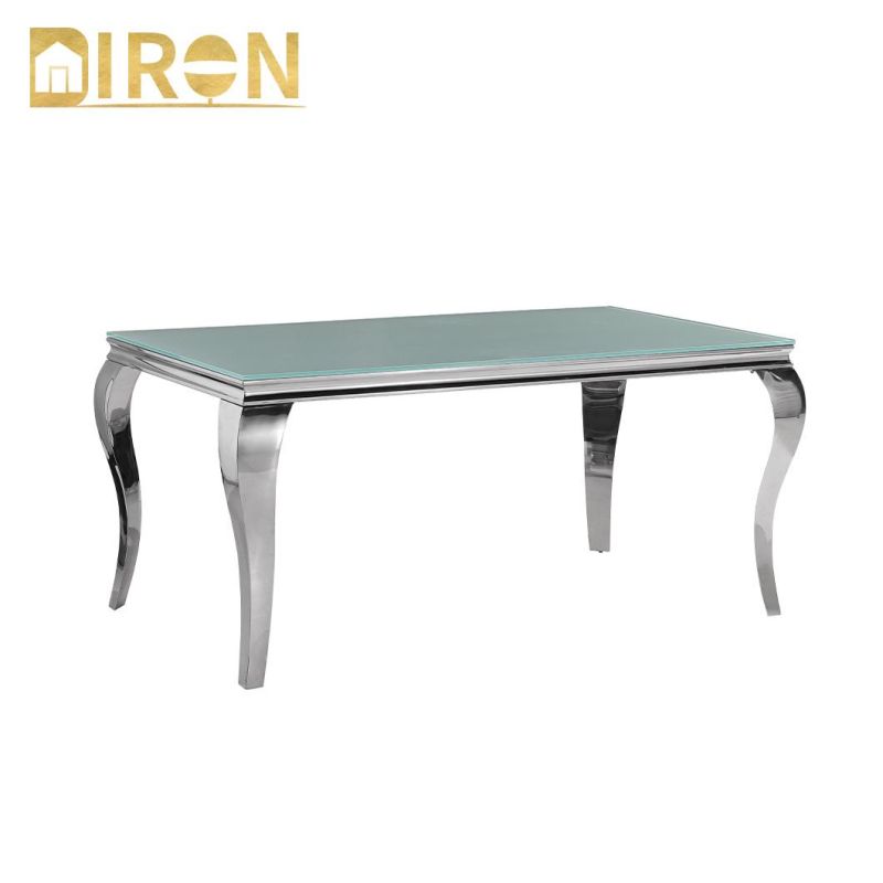 Customized Toughened Clear Tempered Glass Dining Table with Stainless Steel Frame