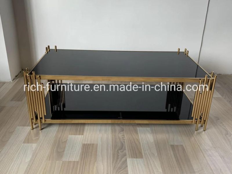 2 Tier Stainless Steel Long Marble Glass Rectangular Coffee Table for Living Room