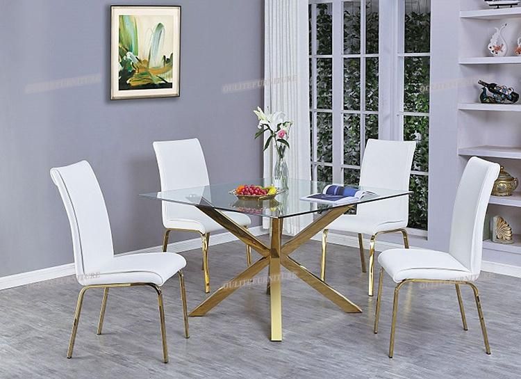 Square Glass Dining Table with Golden Chrome Legs for Home
