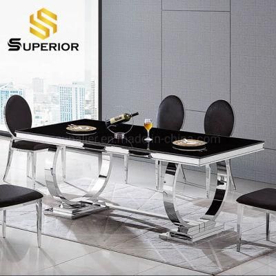 Contemporary Black Glass Top Dining Table with Silver Metal Base