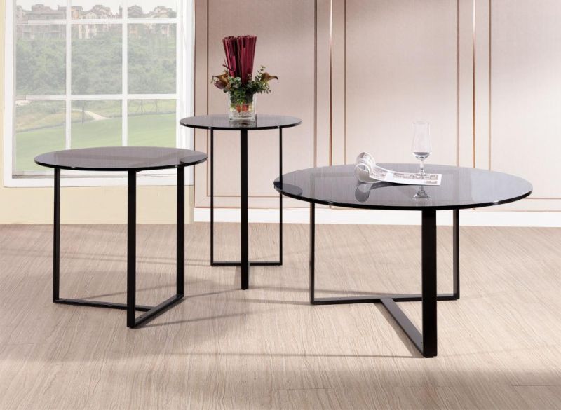 New Design Square Steel Coffee Tables with Two Layers Tempered Glass & Veneer Top Home Furniture