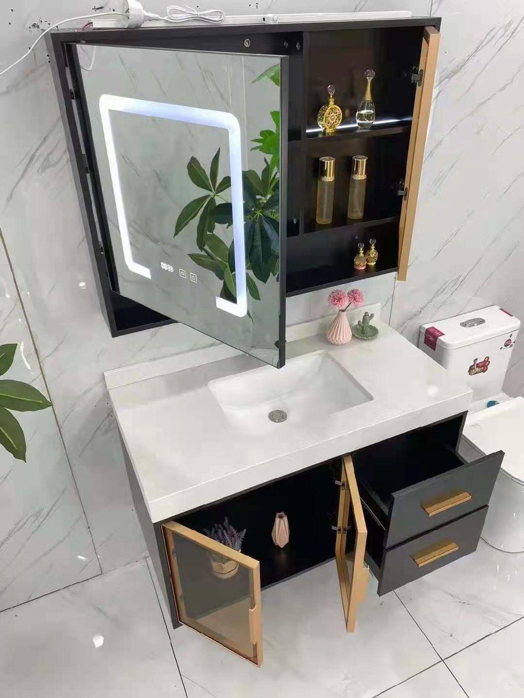 Brown Glass Door Latest Marble Stone LED Wall Smart Mirror Bathroom Vanity