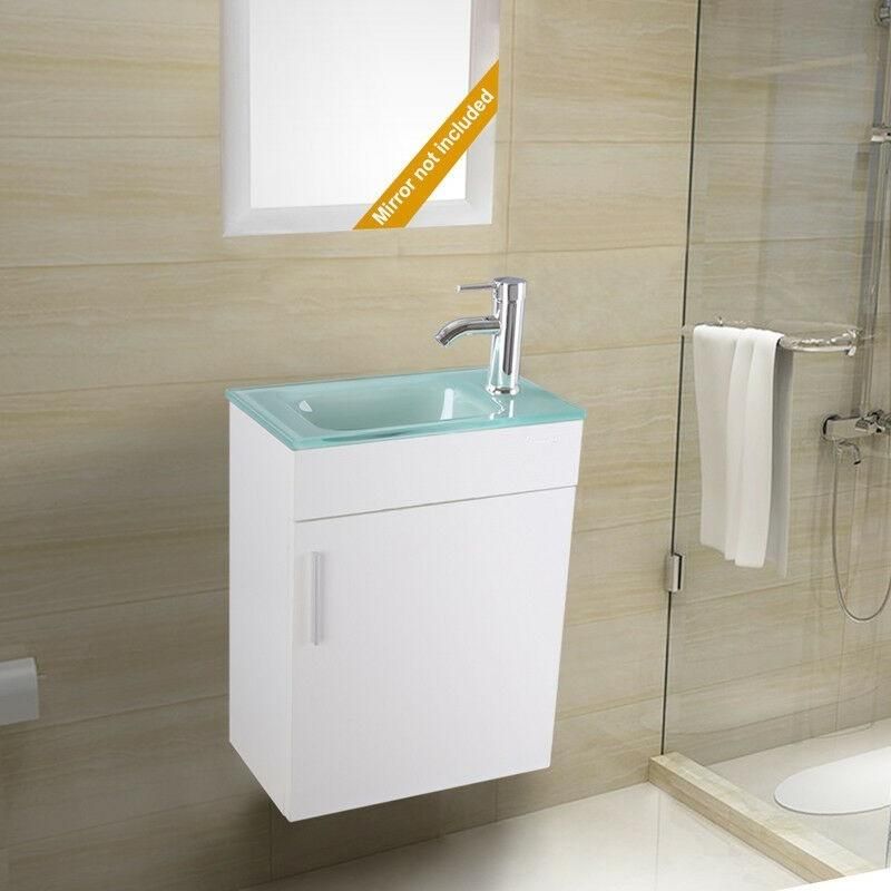 19" White Bathroom Vanity Small Wall Mount Glass Sink Faucet Drain Combo P Trap