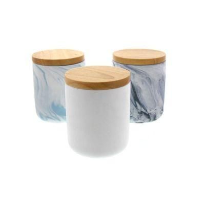 Mette Custom White Colored Ceramic Candle Holder a with Bamboo Lid for Home Decoration