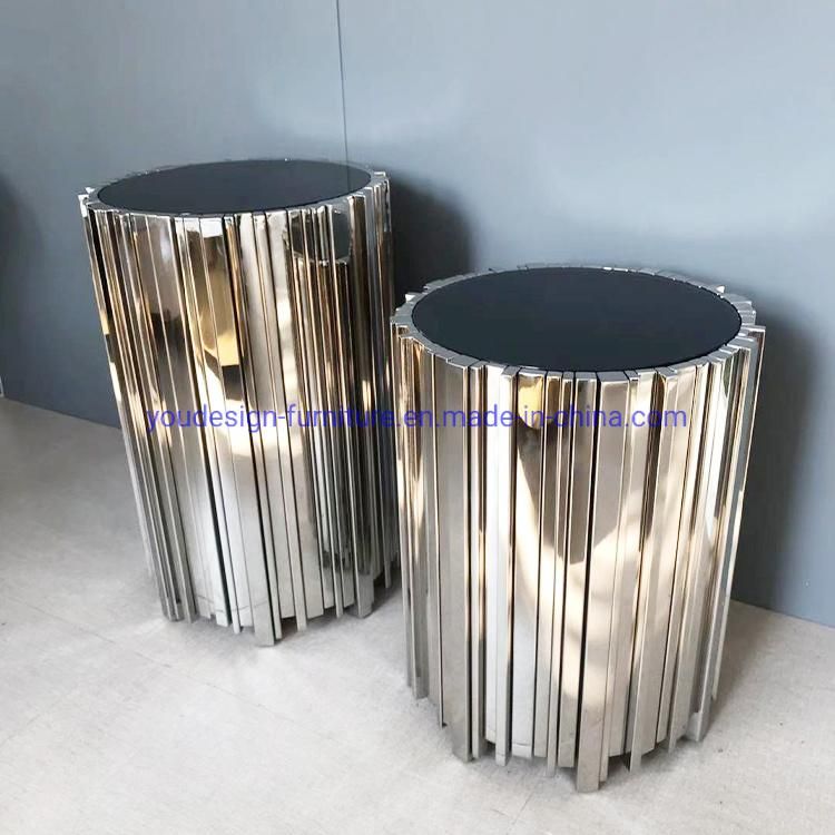 Living Room Silver Stainless Framed Glass Round Coffee Table Set Sofa Back Side Table Furniture