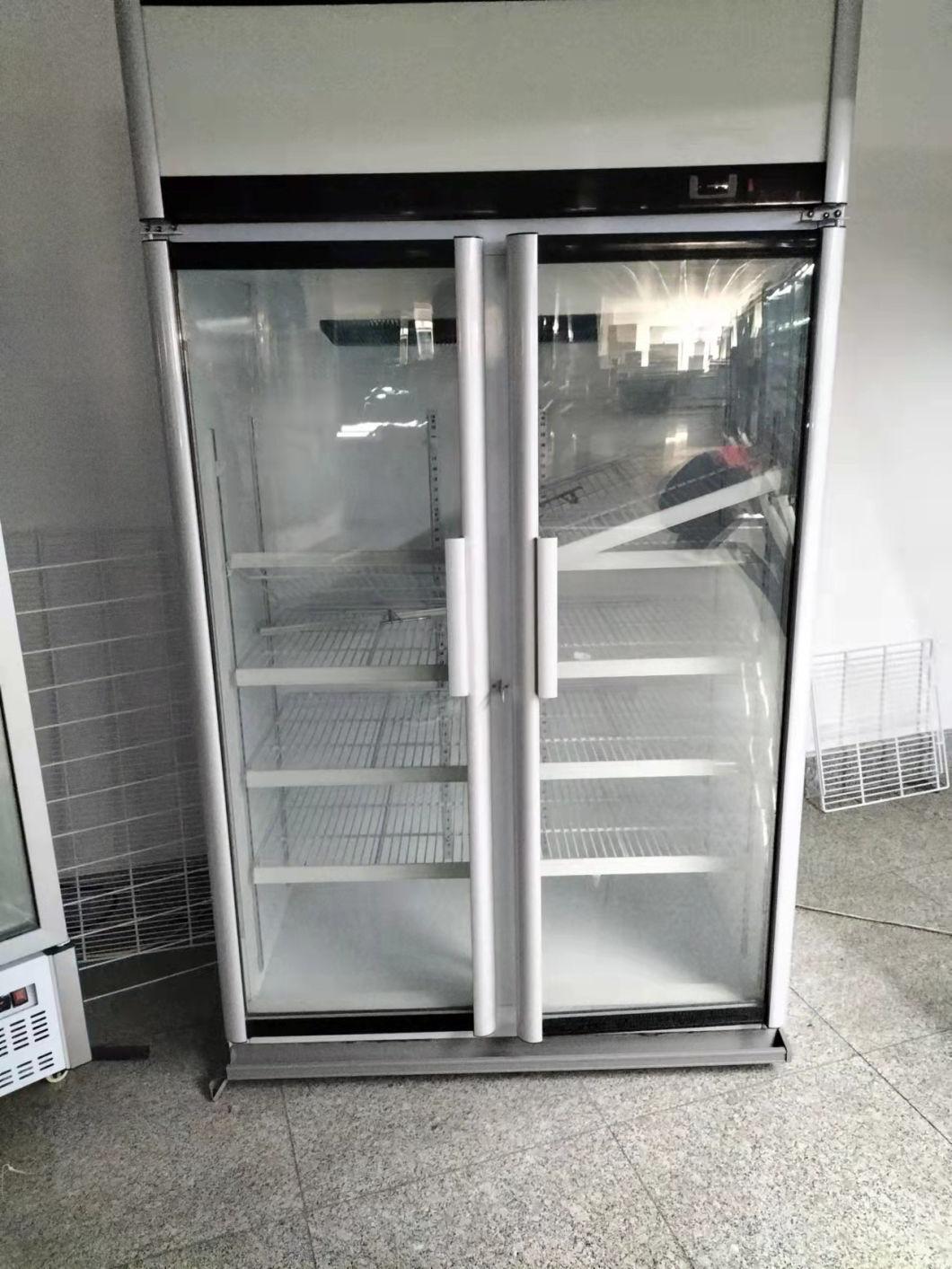 ODM/OEM Direct Cooling Assisted on Manual Thermostat 610L Low-E Tempered Video Animation Double Door Glass Door Cooler Showcase with Fan R134A CFC Free Sticker