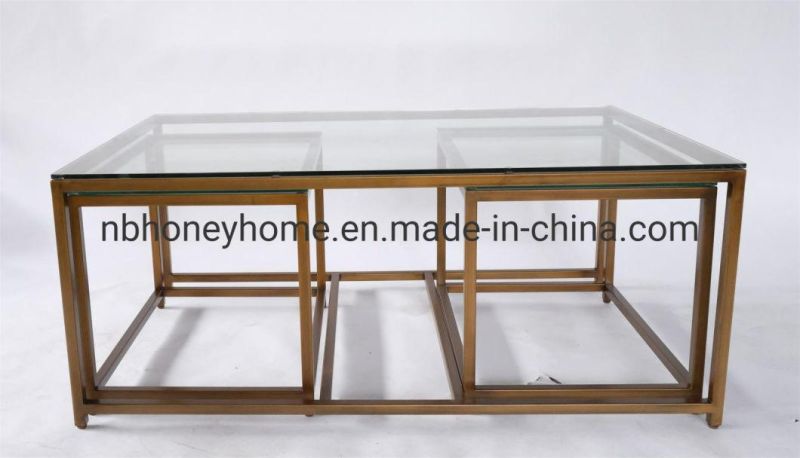 Hand Brushed Gold Color 3 Set Metal Frame Glass Top Coffee Table