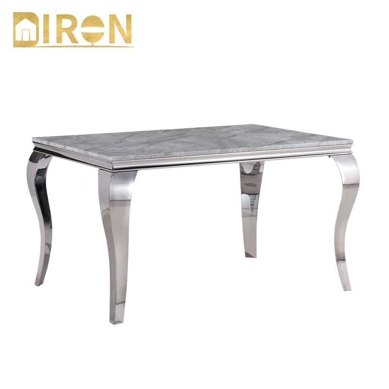Home Hotel Restaurant Dining Set Marble Glass Top Metal Stainless Steel Pedestal Dining Chair Table