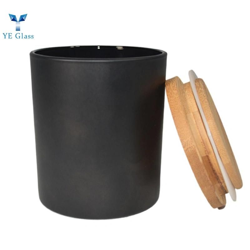 Customized Black Matte Glass Candle Holder with Bamboo Lid for Home Decoration