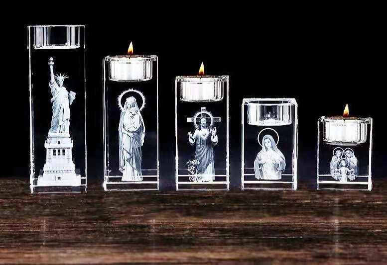 Cutom Photo 3D Engraved Crystal Glass Cube Tealight Christian Candle Holder