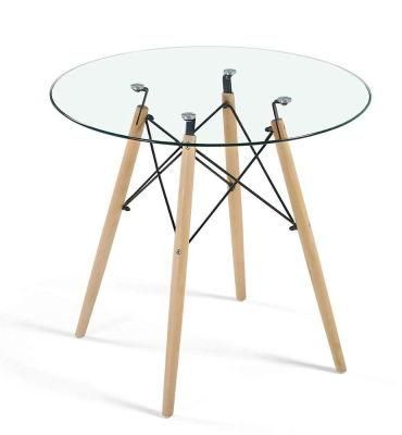 High Quality Glass Dining Furniture Coffee Round Glass Dining Table with Beech Legs