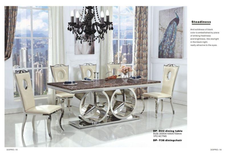 High Quality Stainless Steel Marble Dining Table with Staggered Ring Base Posts