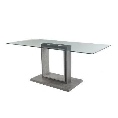 Modern Design Room Furniture Wooden Table Stainless Steel Base Clear Rectangle Tempered Glass Top Dining Table