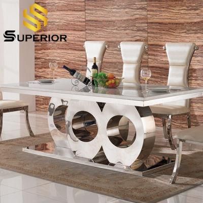 Fashion Design 6-8 Seater Silver Metal Chromed Dining Glass Table