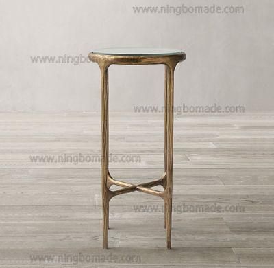 Rustic Hand Hammered Collection Furniture Forged Solid Iron Metal with Brass Color Thick Tempered Glass High Round Side Table