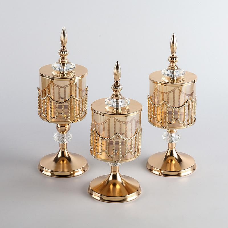 Scandinavian Style Wedding Dinner Golden Round Bottom Covered Spire Glass Metal Candle Holder