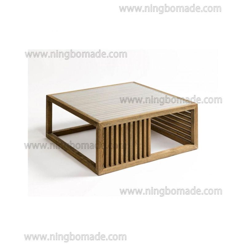 Clean Rectangular Design Furniture Natural Oak and Tempered Glass Coffee Table
