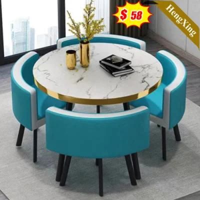 Home Hotel Banquet Dining Room Furniture Round White Marble Table with Blue Leather Chairs