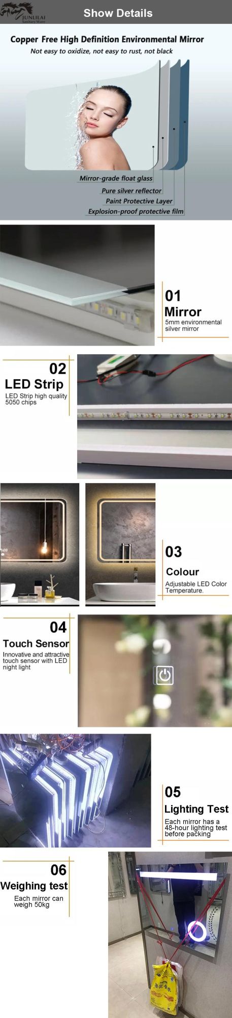 Wholesale Home Decor Luxury Modern Bathroom LED Wall Mirror Anti-Fog Mirror with Touch Sensor