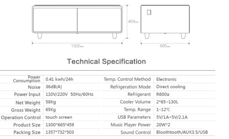 Dedi Refrigerator Coffee Table Bluetooth WiFi and Speaker