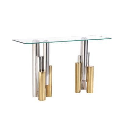 2021 OEM China Wholesale New Design Gold Stainless Steel Tempered Glass Top Console Table