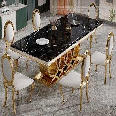 Smart Expo Wholesale Modern Design Square Black Marble Wood Dining Table for 6 People on Metal Pedestal