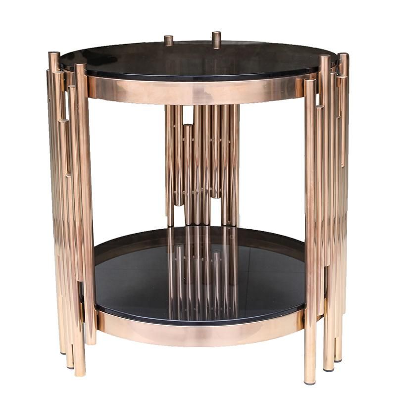 Round Coffee Table for Living Room with Tempered Glass Top & Metal Frame, 2-Tier Open Shelf Storage, Sturdy and Rustic